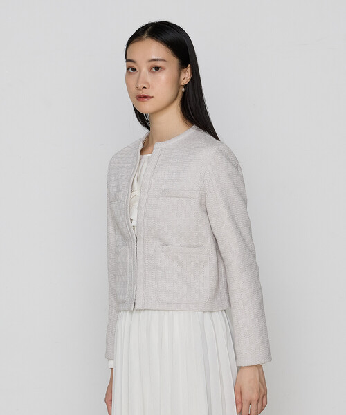 K.T KIYOKO TAKASE(キヨコタカセ)の「〔 TALLサイズ 〕【セットアップ対応】ダミエ ラッセルツイード ジャケット(ノーカラージャケット・レディース・ライトグレー・15号)」の14枚目の写真