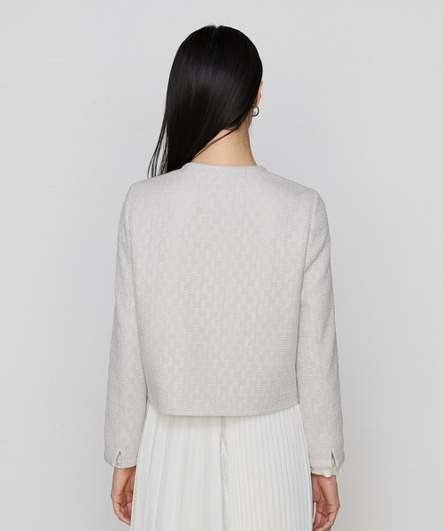 K.T KIYOKO TAKASE(キヨコタカセ)の「〔 TALLサイズ 〕【セットアップ対応】ダミエ ラッセルツイード ジャケット(ノーカラージャケット・レディース・ライトグレー・15号)」の2枚目の写真