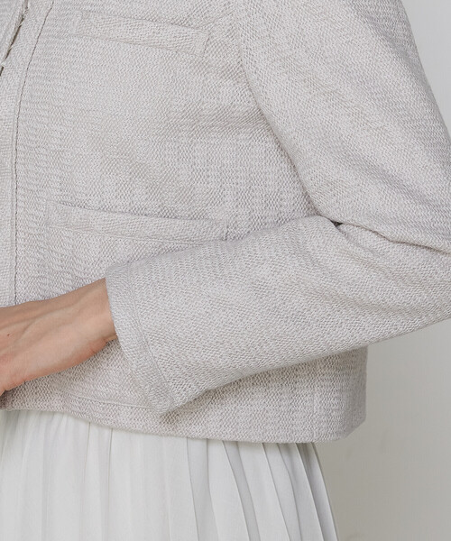 K.T KIYOKO TAKASE(キヨコタカセ)の「〔 TALLサイズ 〕【セットアップ対応】ダミエ ラッセルツイード ジャケット(ノーカラージャケット・レディース・ライトグレー・15号)」の4枚目の写真