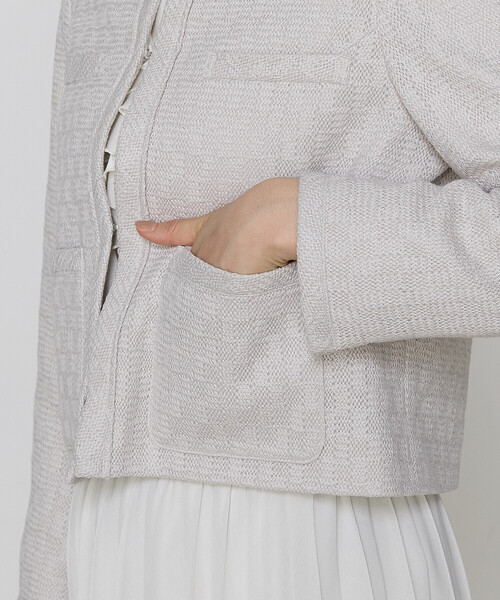 K.T KIYOKO TAKASE(キヨコタカセ)の「〔 TALLサイズ 〕【セットアップ対応】ダミエ ラッセルツイード ジャケット(ノーカラージャケット・レディース・ライトグレー・15号)」の5枚目の写真