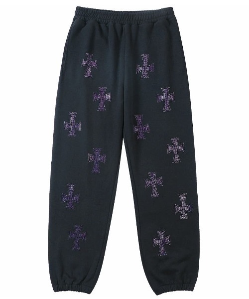 UNKNOWN LONDON(アンノウン・ロンドン)の「A'GEM/9 × .kom 『UNKNOWN LONDON/アンノウン ロンドン』 Cross Rhinestone Jogger②/クロスラインストーンジョガー②(スウェットパンツ・メンズ・ブラック×レッド/ブラック×シルバー/ブラック×パープル/ホワイト・S/M/L)」の2枚目の写真