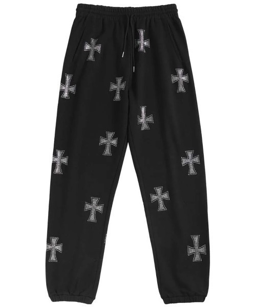 UNKNOWN LONDON(アンノウン・ロンドン)の「A'GEM/9 × .kom 『UNKNOWN LONDON/アンノウン ロンドン』 Cross Rhinestone Jogger②/クロスラインストーンジョガー②(スウェットパンツ・メンズ・ブラック×レッド/ブラック×シルバー/ブラック×パープル/ホワイト・S/M/L)」の4枚目の写真