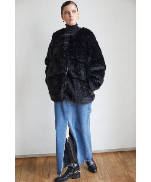 Estella.K(エステラケー)の「Coco Faux Fur Coat ノーカラーファーコート(ノーカラーコート・レディース・ブラック/ブルーグレー/モカ/オフホワイト・FREE)」の6枚目の写真