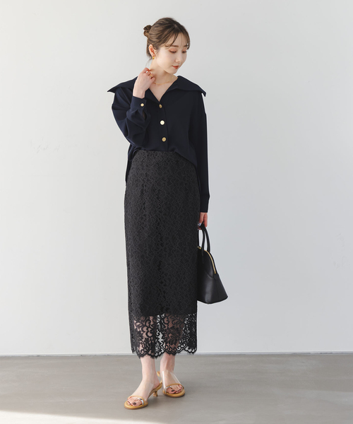 Noble(ノーブル)の「《追加 / WEB+一部店舗限定》リバーレースIラインスカート2(スカート・レディース・スミクロ/チョコ・40/38/36/34)」の6枚目の写真