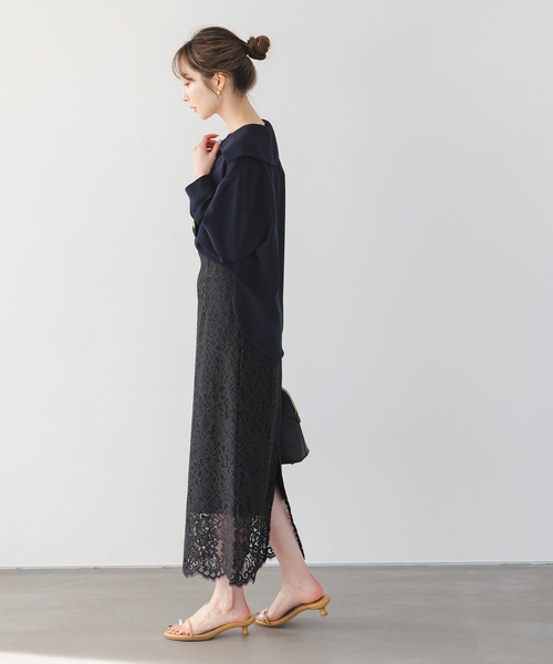 Noble(ノーブル)の「《追加 / WEB+一部店舗限定》リバーレースIラインスカート2(スカート・レディース・スミクロ/チョコ・40/38/36/34)」の12枚目の写真