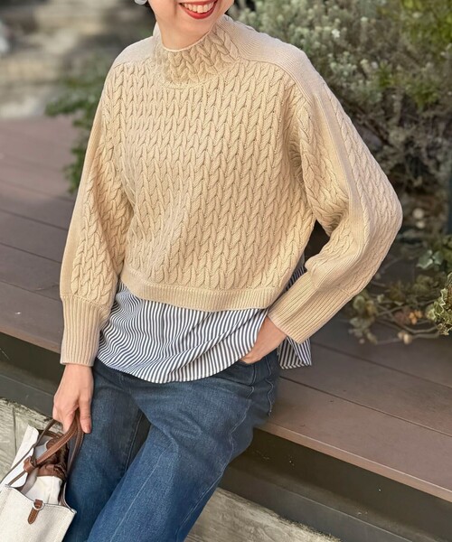 ケーブル柄ジャガード布帛ドッキングプルオーバー（ニット/セーター