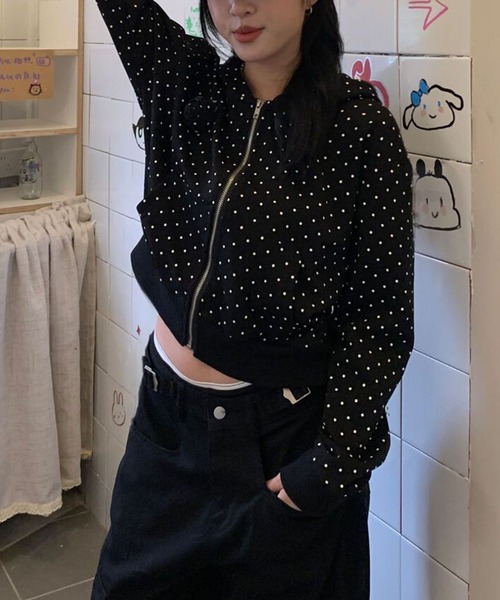 WEGO（ウィゴー）の「WEGO/ドット柄ショート丈フルジップパーカー（パーカー・レディース・ブラック・MEDIUM/LARGE）」の9枚目の写真