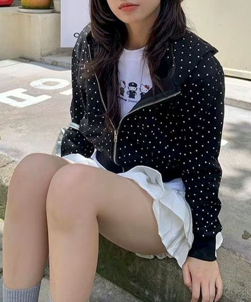 WEGO（ウィゴー）の「WEGO/ドット柄ショート丈フルジップパーカー（パーカー・レディース・ブラック・MEDIUM/LARGE）」の6枚目の写真