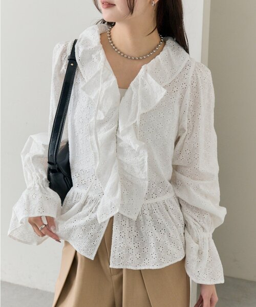 mystic（ミスティック）の「フラワー刺繍フリルブラウス（シャツ/ブラウス・レディース・ミント/ブラック/オフホワイト・FREE）」の10枚目の写真