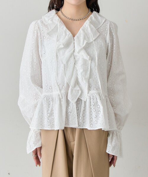 mystic（ミスティック）の「フラワー刺繍フリルブラウス（シャツ/ブラウス・レディース・ミント/ブラック/オフホワイト・FREE）」の20枚目の写真