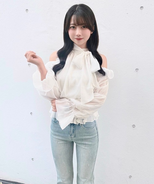 NOMAE（ノーマエ）の「アメスリリボンフリルブラウス（シャツ/ブラウス・レディース・ブラック/アイボリー系/ホワイト/ピンク/ライトブルー・FREE）」の6枚目の写真