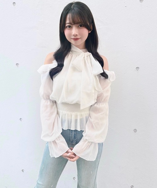 NOMAE（ノーマエ）の「アメスリリボンフリルブラウス（シャツ/ブラウス・レディース・ブラック/アイボリー系/ホワイト/ピンク/ライトブルー・FREE）」の7枚目の写真