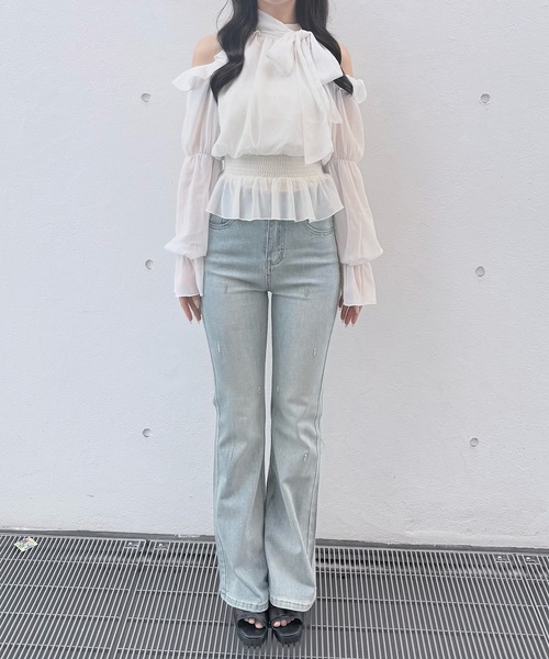 NOMAE（ノーマエ）の「アメスリリボンフリルブラウス（シャツ/ブラウス・レディース・ブラック/アイボリー系/ホワイト/ピンク/ライトブルー・FREE）」の12枚目の写真