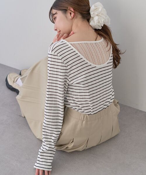 earth music&ecology(アースミュージックアンドエコロジー)の「ランダムチェーンリブバックレースプルオーバー(Tシャツ/カットソー・レディース・オフホワイト/ブラック/ライトグリーン/その他7/ライトイエロー・FREE)」の6枚目の写真