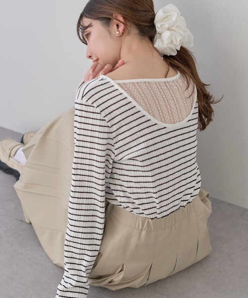 earth music&ecology(アースミュージックアンドエコロジー)の「ランダムチェーンリブバックレースプルオーバー(Tシャツ/カットソー・レディース・オフホワイト/ブラック/ライトグリーン/その他7/ライトイエロー・FREE)」の1枚目の写真