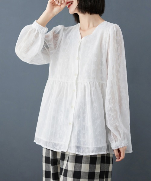 ONEP STAR(ワンピスター)の「ペプラム風ギャザー入りブラウス(シャツ/ブラウス・レディース・ホワイト・X-LARGE/LARGE/MEDIUM)」の1枚目の写真