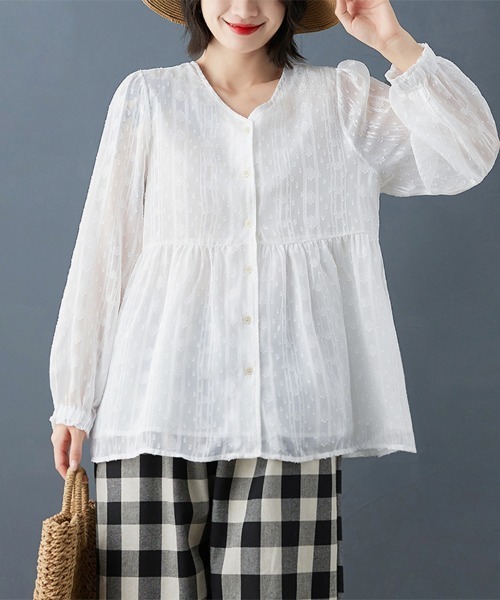 ONEP STAR(ワンピスター)の「ペプラム風ギャザー入りブラウス(シャツ/ブラウス・レディース・ホワイト・X-LARGE/LARGE/MEDIUM)」の2枚目の写真