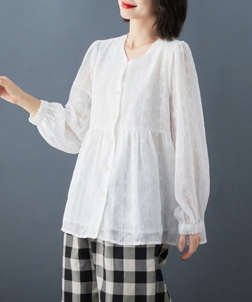 ONEP STAR(ワンピスター)の「ペプラム風ギャザー入りブラウス(シャツ/ブラウス・レディース・ホワイト・X-LARGE/LARGE/MEDIUM)」の3枚目の写真