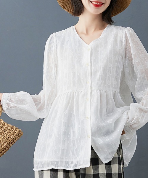 ONEP STAR(ワンピスター)の「ペプラム風ギャザー入りブラウス(シャツ/ブラウス・レディース・ホワイト・X-LARGE/LARGE/MEDIUM)」の4枚目の写真