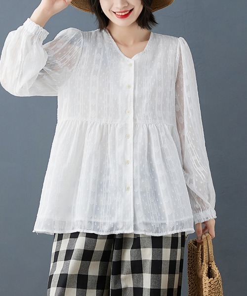 ONEP STAR(ワンピスター)の「ペプラム風ギャザー入りブラウス(シャツ/ブラウス・レディース・ホワイト・X-LARGE/LARGE/MEDIUM)」の5枚目の写真