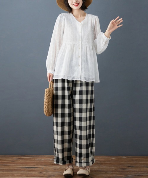 ONEP STAR(ワンピスター)の「ペプラム風ギャザー入りブラウス(シャツ/ブラウス・レディース・ホワイト・X-LARGE/LARGE/MEDIUM)」の8枚目の写真