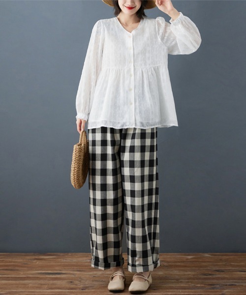 ONEP STAR(ワンピスター)の「ペプラム風ギャザー入りブラウス(シャツ/ブラウス・レディース・ホワイト・X-LARGE/LARGE/MEDIUM)」の9枚目の写真
