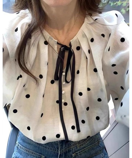 inst.ALL(インストール)の「ドット柄タックリボンブラウス(シャツ/ブラウス・レディース・ホワイト・M)」の4枚目の写真