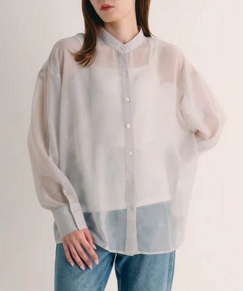 merrylatte(メリーラテ)の「シアーバンドカラーシャツ【IROHANI】(シャツ/ブラウス・レディース・ブラック/ピンク/ベージュ/ホワイト・FREE)」の3枚目の写真