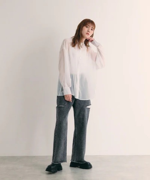 merrylatte(メリーラテ)の「シアーバンドカラーシャツ【IROHANI】(シャツ/ブラウス・レディース・ブラック/ピンク/ベージュ/ホワイト・FREE)」の6枚目の写真