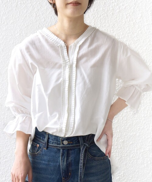 SHIPS（シップス）の「〈手洗い可能〉綿 シルク Vネック フリル タック ブラウス（シャツ/ブラウス・レディース・ネイビー/ライトイエロー/オフホワイト・ONE SIZE）」の18枚目の写真