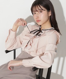 プリーツフリルリボンタイブラウス