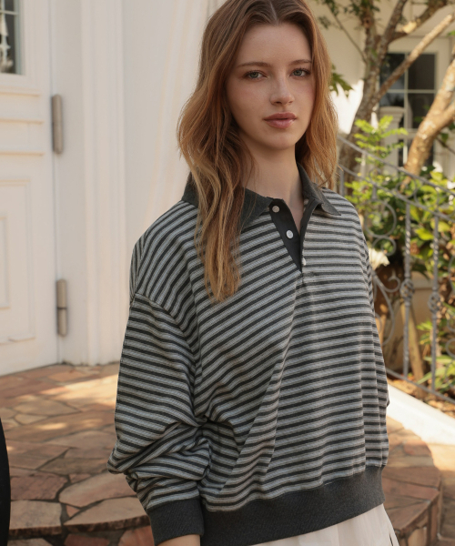 DEHEVE（デヘヴェ）の「Collar Stripe Sweatshirt [Gray]（ポロシャツ・レディース・アッシュグレー・FREE）」の2枚目の写真