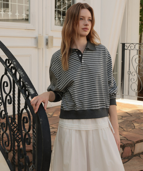 DEHEVE（デヘヴェ）の「Collar Stripe Sweatshirt [Gray]（ポロシャツ・レディース・アッシュグレー・FREE）」の3枚目の写真
