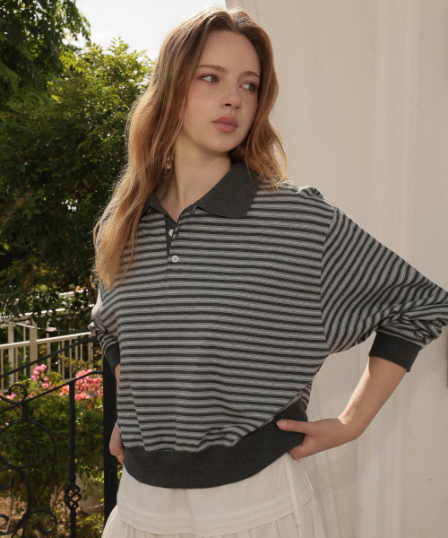 DEHEVE（デヘヴェ）の「Collar Stripe Sweatshirt [Gray]（ポロシャツ・レディース・アッシュグレー・FREE）」の4枚目の写真