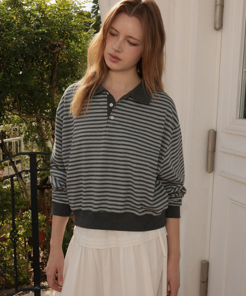 DEHEVE（デヘヴェ）の「Collar Stripe Sweatshirt [Gray]（ポロシャツ・レディース・アッシュグレー・FREE）」の5枚目の写真