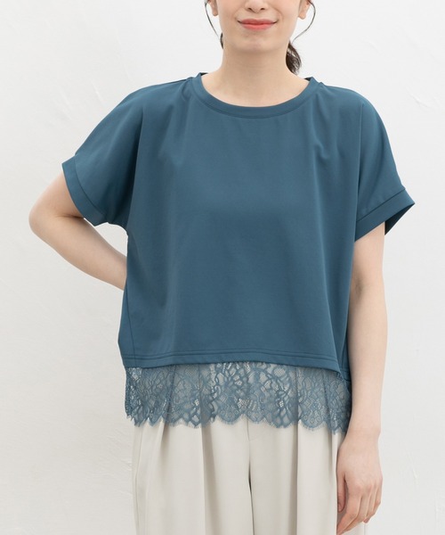 Honeys(ハニーズ)の「【ハニさら・接触冷感・UVカット・遮熱】裾レーストップス(Tシャツ/カットソー・レディース・キャメル/アイボリー/ブラック/ブルーグリーン・L/LL/M/S)」の4枚目の写真