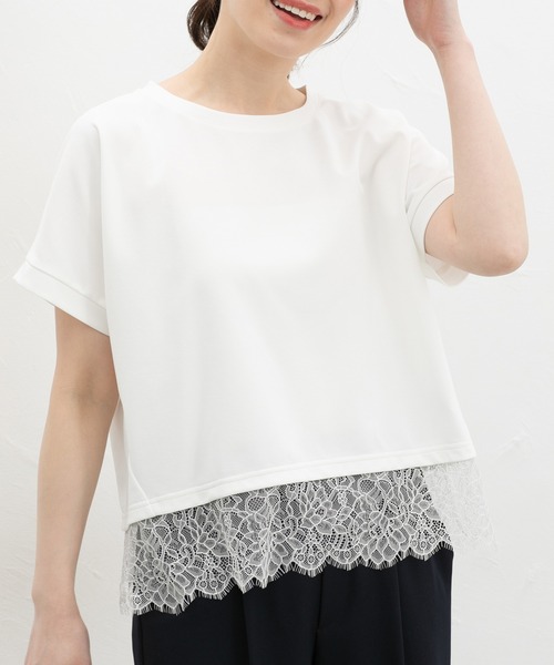 Honeys(ハニーズ)の「【ハニさら・接触冷感・UVカット・遮熱】裾レーストップス(Tシャツ/カットソー・レディース・キャメル/アイボリー/ブラック/ブルーグリーン・L/LL/M/S)」の2枚目の写真