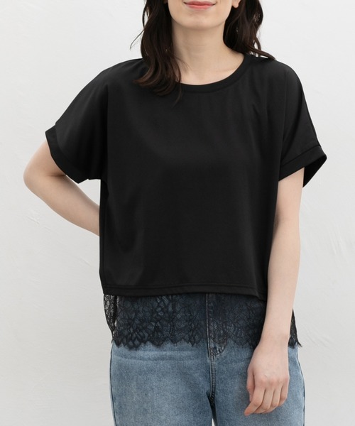 Honeys(ハニーズ)の「【ハニさら・接触冷感・UVカット・遮熱】裾レーストップス(Tシャツ/カットソー・レディース・キャメル/アイボリー/ブラック/ブルーグリーン・L/LL/M/S)」の3枚目の写真