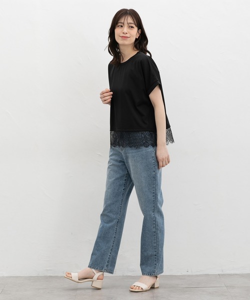 Honeys(ハニーズ)の「【ハニさら・接触冷感・UVカット・遮熱】裾レーストップス(Tシャツ/カットソー・レディース・キャメル/アイボリー/ブラック/ブルーグリーン・L/LL/M/S)」の8枚目の写真