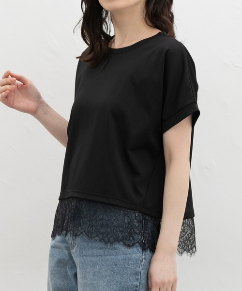 Honeys(ハニーズ)の「【ハニさら・接触冷感・UVカット・遮熱】裾レーストップス(Tシャツ/カットソー・レディース・キャメル/アイボリー/ブラック/ブルーグリーン・L/LL/M/S)」の9枚目の写真