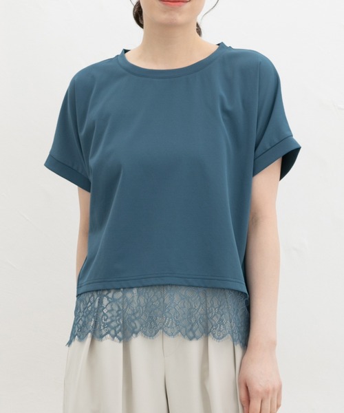 Honeys(ハニーズ)の「【ハニさら・接触冷感・UVカット・遮熱】裾レーストップス(Tシャツ/カットソー・レディース・キャメル/アイボリー/ブラック/ブルーグリーン・L/LL/M/S)」の11枚目の写真