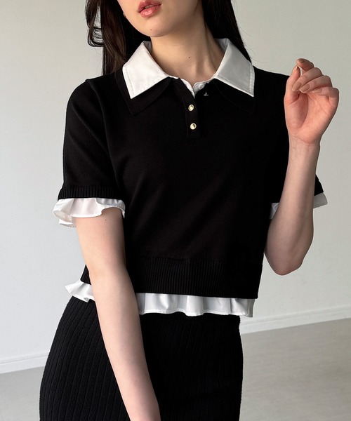 junoah(ジュノア)の「レイヤードフリルポロニット(ニット/セーター・レディース・ブラウン/ネイビー/ブラック・LARGE/MEDIUM)」の1枚目の写真