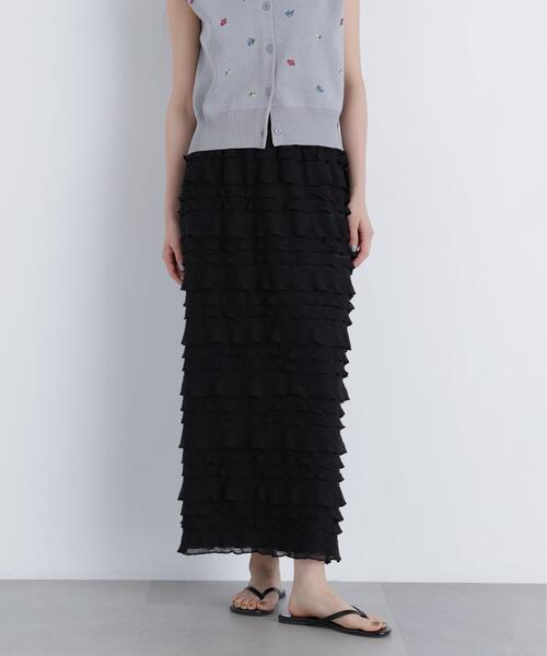 N.(N. Natural Beauty Basic)(エヌエヌナチュラルビューティーベーシック)の「フリルティアードナロースカート(スカート・レディース・オフホワイト/ブラック・P/S/MEDIUM)」の1枚目の写真