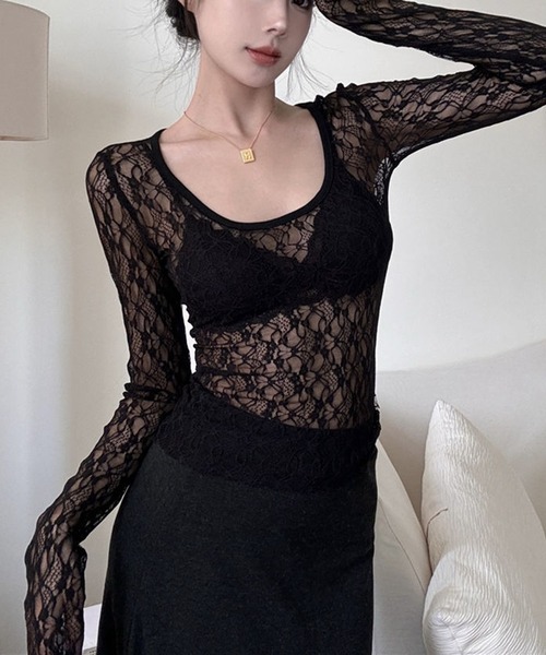 HALEY PESCA(ヘーリーペスカ)の「HALEY PESCA/シースルーレーストップス(Tシャツ/カットソー・レディース・ブラック/ホワイト・MEDIUM/SMALL)」の3枚目の写真