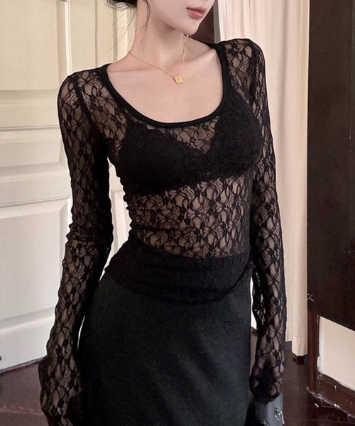HALEY PESCA(ヘーリーペスカ)の「HALEY PESCA/シースルーレーストップス(Tシャツ/カットソー・レディース・ブラック/ホワイト・MEDIUM/SMALL)」の5枚目の写真