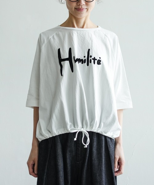 SOLAMONAT（ソラモナ）の「パフ天竺 裾ヒモ五分袖プルオーバー プリント Humilite（Tシャツ/カットソー・レディース・杢グレー/ホワイト×グレー/ホワイト×ブラック/ブラック/キナリ・FREE）」の14枚目の写真