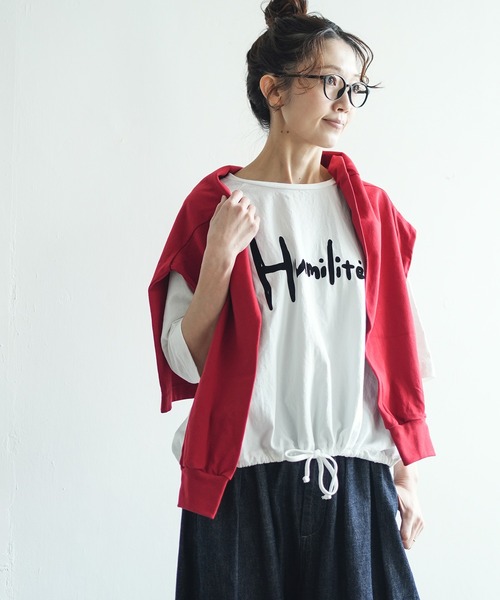 SOLAMONAT（ソラモナ）の「パフ天竺 裾ヒモ五分袖プルオーバー プリント Humilite（Tシャツ/カットソー・レディース・杢グレー/ホワイト×グレー/ホワイト×ブラック/ブラック/キナリ・FREE）」の6枚目の写真