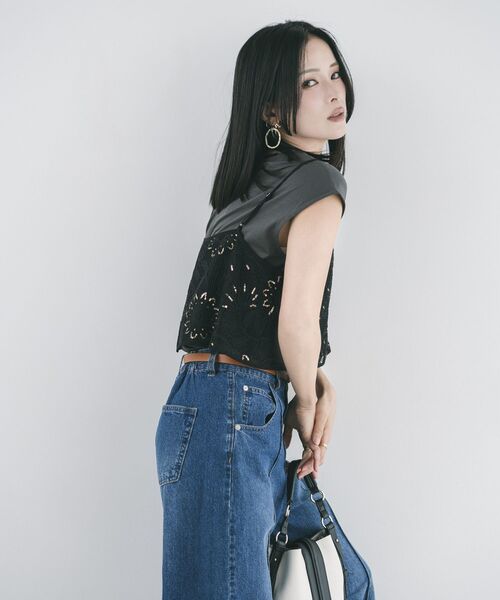 YECCA VECCA（イェッカヴェッカ）の「【尾崎紗代子さん着用】[2点SET]刺繍メッシュキャミセットコットンTee（Tシャツ/カットソー・レディース・ライトベージュ/ブラック・FREE）」の6枚目の写真