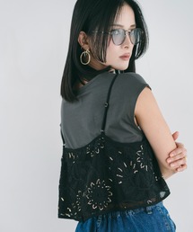 YECCA VECCA | 【尾崎紗代子さん着用】[2点SET]刺繍メッシュキャミセットコットンTee(Tシャツ/カットソー)