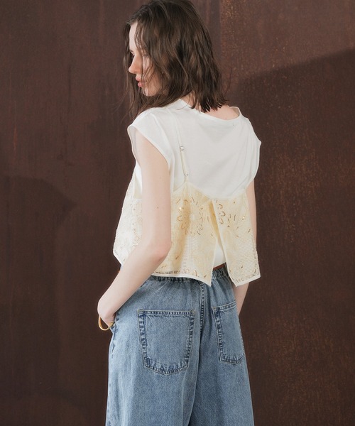 YECCA VECCA（イェッカヴェッカ）の「【尾崎紗代子さん着用】[2点SET]刺繍メッシュキャミセットコットンTee（Tシャツ/カットソー・レディース・ライトベージュ/ブラック・FREE）」の19枚目の写真